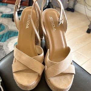Soda Women's Beige Suede Wedge Sandals with Ankle Strap
